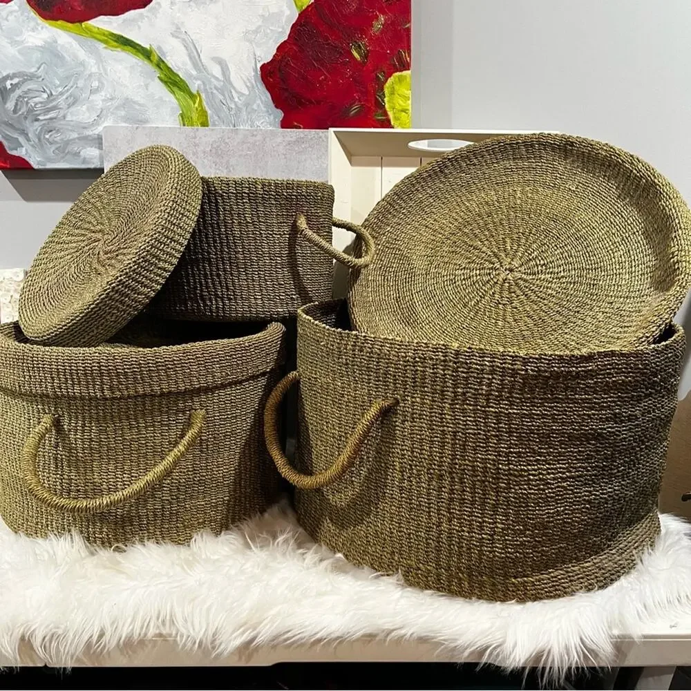 NEW Pottery Barn Round Woven Floor Nesting Storage Baskets Raffia Wicker LG Set